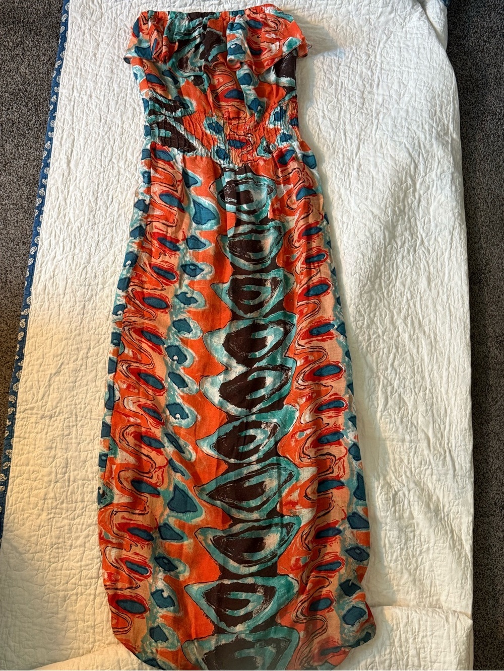 Chesley Strapless Maxi Dress in Orange and Teal Abstract Print - Picture 6 of 9